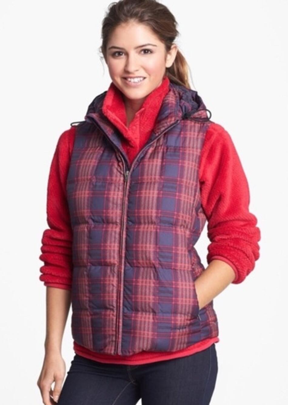 PATAGONIA Down With It Hooded Vest Red Navy Plaid 600 Goose Down Women's S